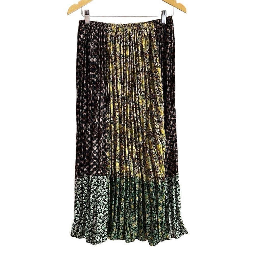 Vintage TRIO NY Peasant Pleated Patchwork Maxi Skirt Yellow Green,Black Size 8